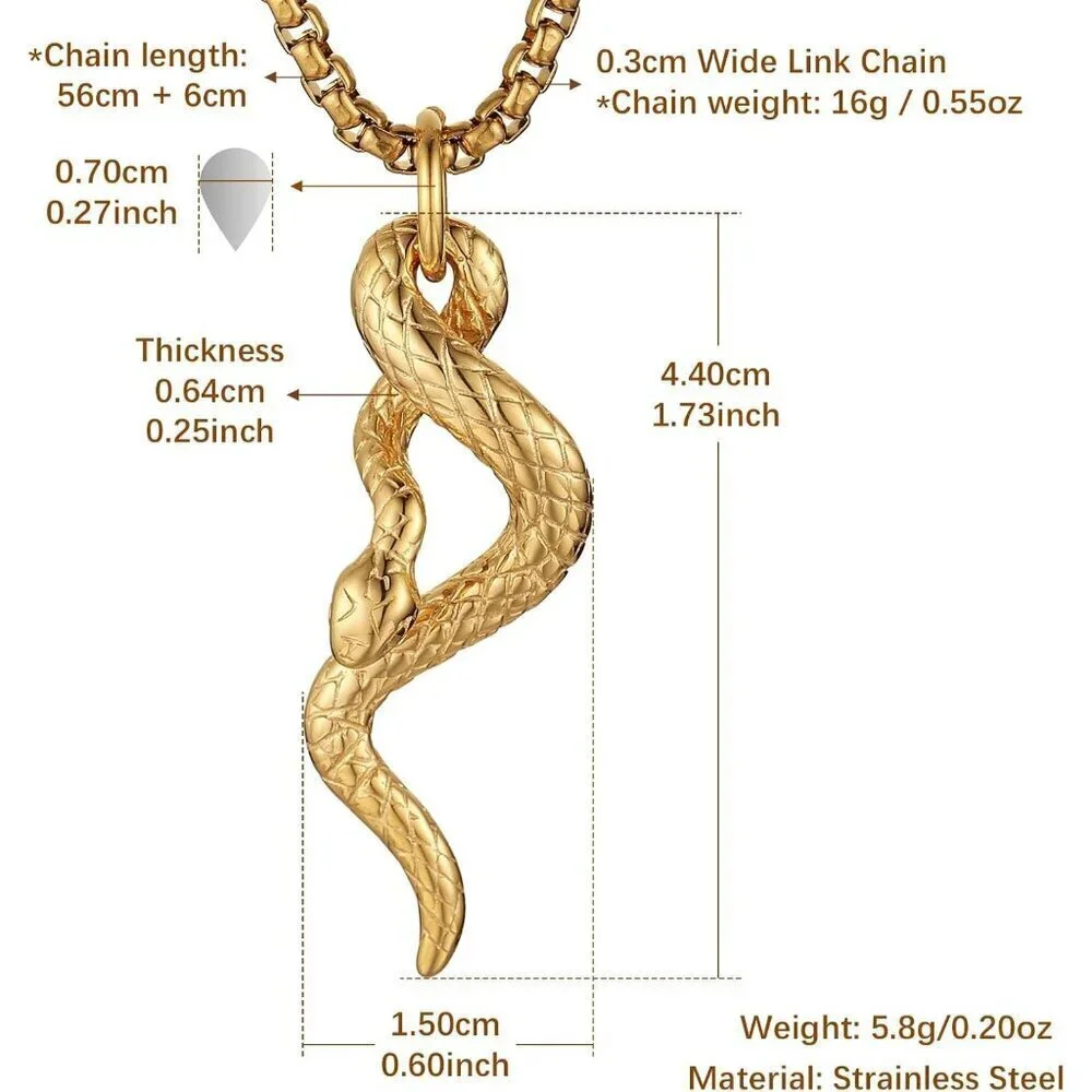 Gothic Men's Gold Stainless Steel Animal Snake Pendant Chain Necklace